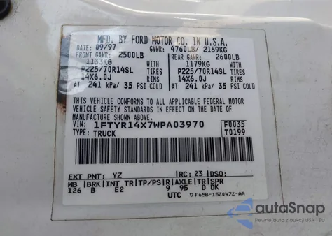 1998 Ford Ranger Splash/Xl/Xlt z USA, uszkodzony, nr VIN 1FTYR14X7WPA03970